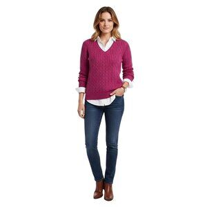 Fairway & Greene Berry Fuschia CableKnit V-neck Sweater Mercerized Cotton Size L